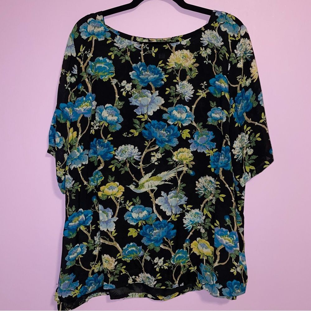 J Jill XLP Black Floral Blouse Short Sleeve Tunic Top